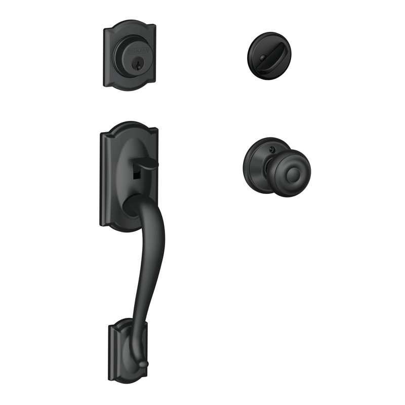 Camelot Handleset with Single Cylinder Deadbolt and Georgian Door Knob and Rosette, Matte Black, Keyed Alike, Yes