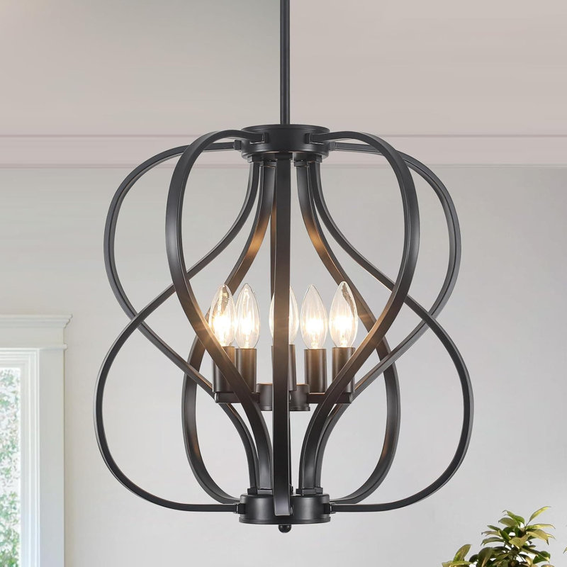 Lustre de ferme moderne avec cage en métal 5 lumières suspendues lumineuses suspendues de style tambour industriel à hauteur réglable pour la salle à manger