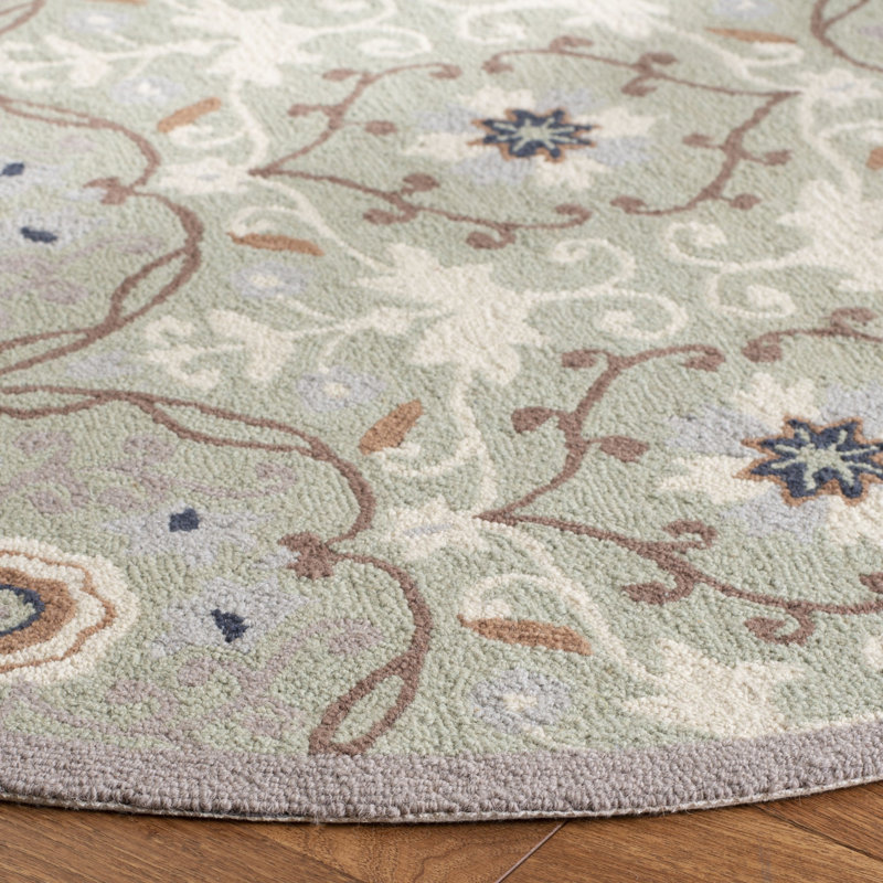 Helena Floral Handmade Hooked Wool Green Area Rug, Round 5'6"
