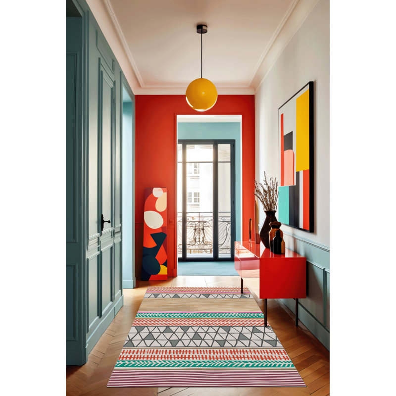 Multi-Colored Line Sectioned Geometric Shape Patterned Modern Decorative Rug, Rectangle 4'7.12" x 6'6.74"