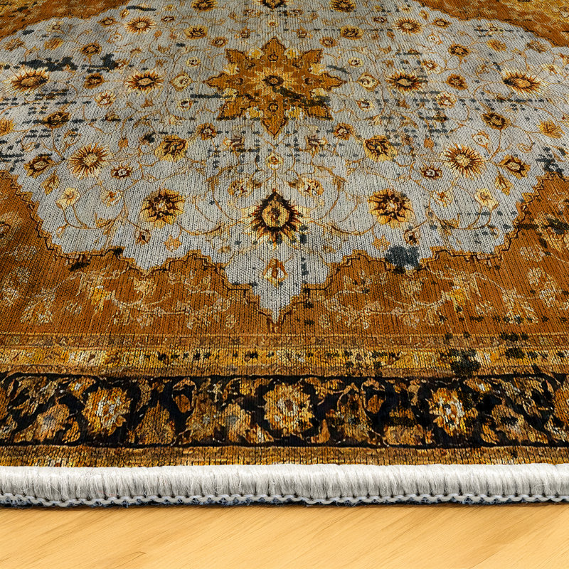 Girvin Yellow Oriental Machine Printed Cotton Polyester Area Rug, Runner 2'8" x 16'5"