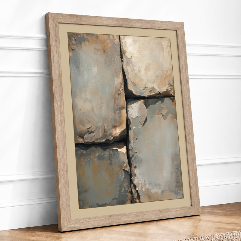 Weathered Concrete Cross Industrial - Framed Print, A2 - 59.4 x 42.0 cm, Oak