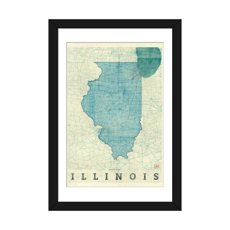 « illinois map », impression sur toile, Papier avec cadre noir, H 24 po x l 16 po x P 1 po, Blanc