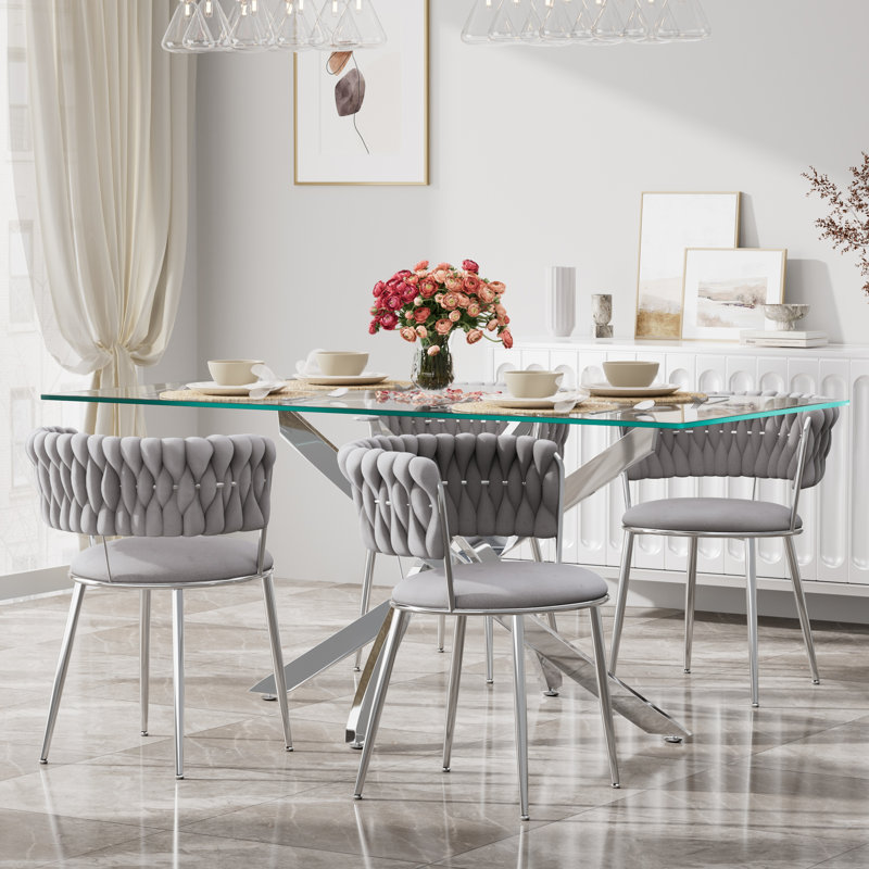 Clear Rectangle Pedestal Dining Set with Weaven Velvet Dininig Chair, 29.5"H x 63"L x 31.5"W, Silver/Gray