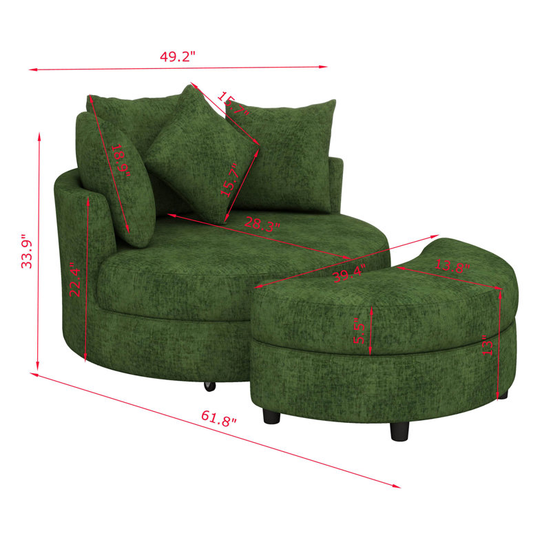 360° Swivel Barrel Chair Accent Armchair, 49.2" Chenille Upholstered Round Lounge Chaise With Half Moon Storage Ottoman And 4 Pillows