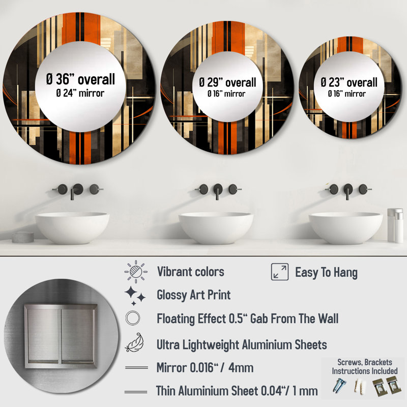 Vecteurs orange et gris I - miroir décoratif de formes abstraites, miroir mural rond moderne, impression d'art en métal
