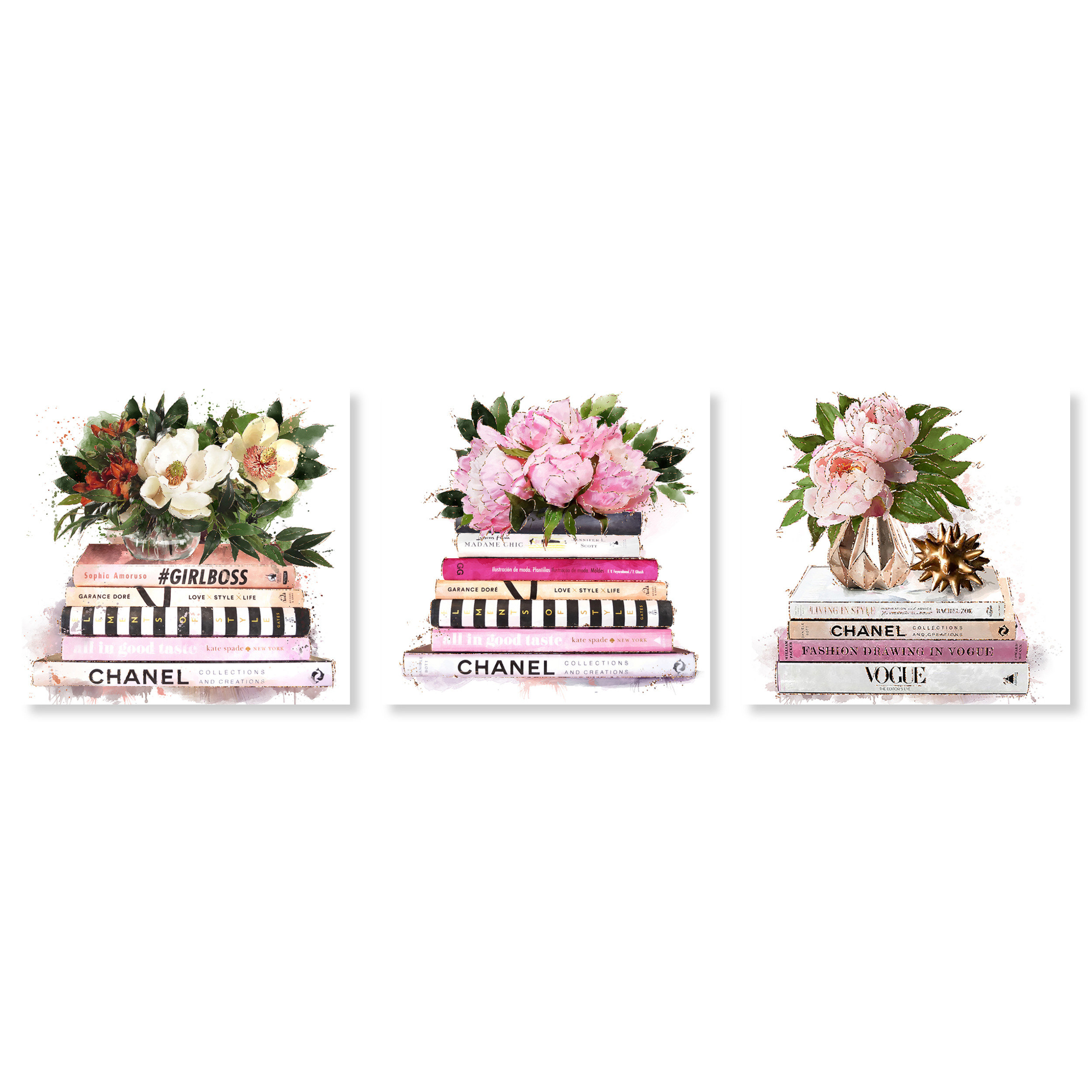 Oliver Gal Doll Memories Doll Memories - Pink Blush Flowers SET, Chic Floral  Books Modern White On Canvas 3 Pieces by Oliver Gal Print