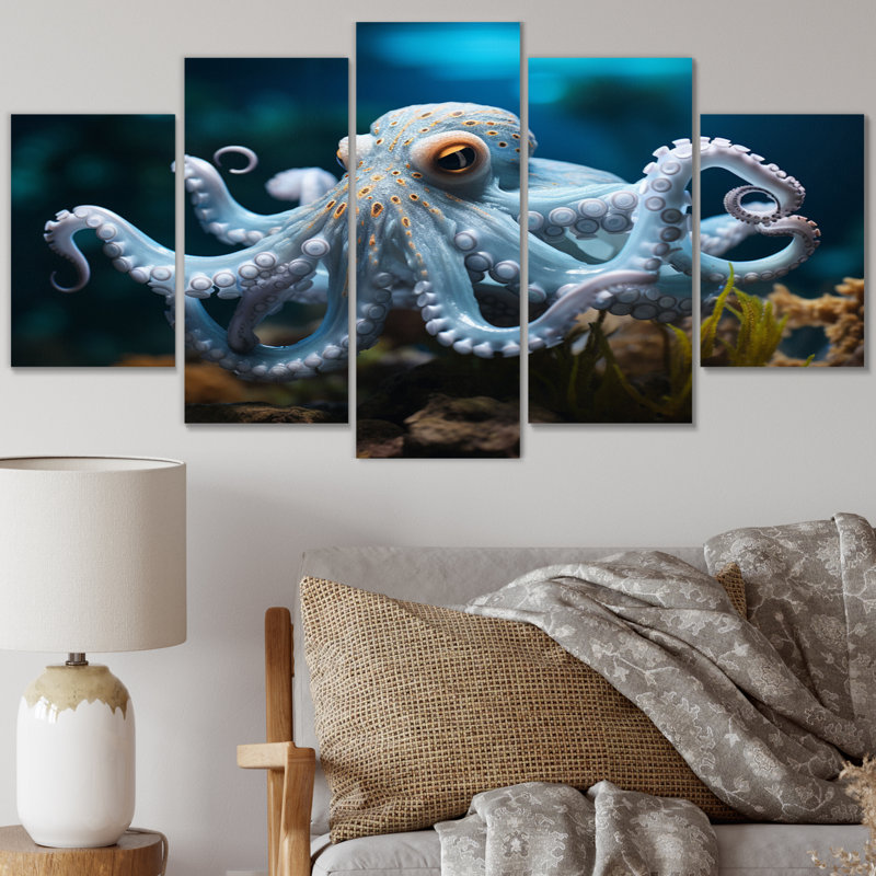 «Blue Octopus Serene submersion», reproduction d'art sur toile - 5 panneaux