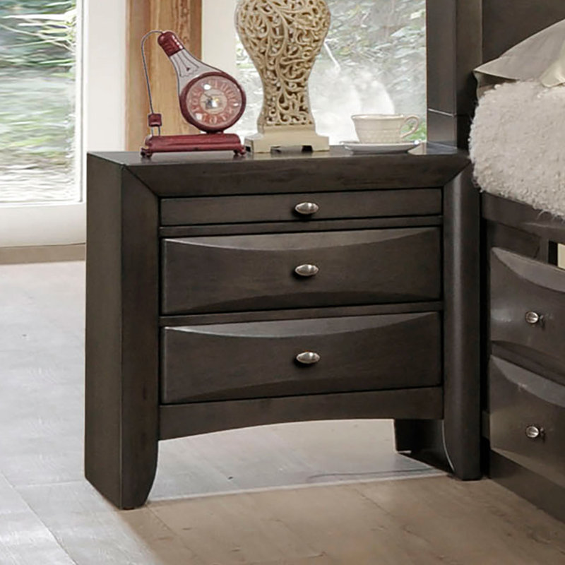 Table de chevet contemporaine 1 pièce grise, table de chevet 2 tiroirs, bois massif et bois d'ingénierie, poignées ovales en nickel, rangement doublé de feutre, design classique essentiel pour chambre à coucher, structure en bois, plateau coulissant à bouton,