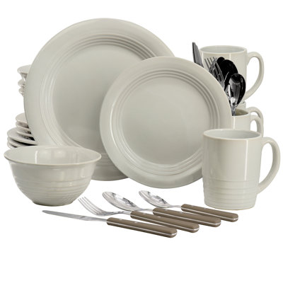 Martha Stewart 32 Piece Stoneware Dinnerware and Flatware Combo Set in Grey