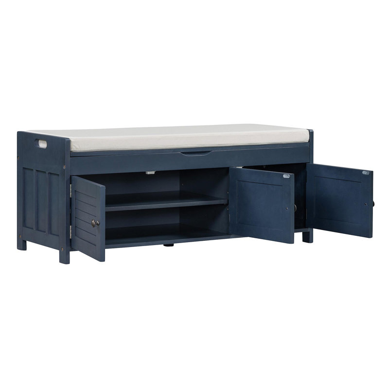 Banc de rangement avec 3 portes en forme de volet, banc à chaussures avec coussin amovible et espace de rangement caché 