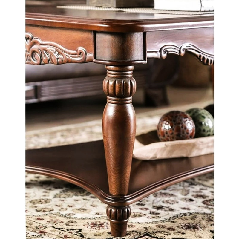 Cherry - Table basse 3 pièces au fini de style traditionnel avec pieds tournés et tablette ouverte pour le salon