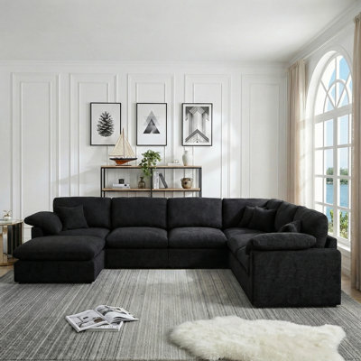 144" W U-shaped Chenille Sectional Sofa, Large 7-seater Corner Sectional