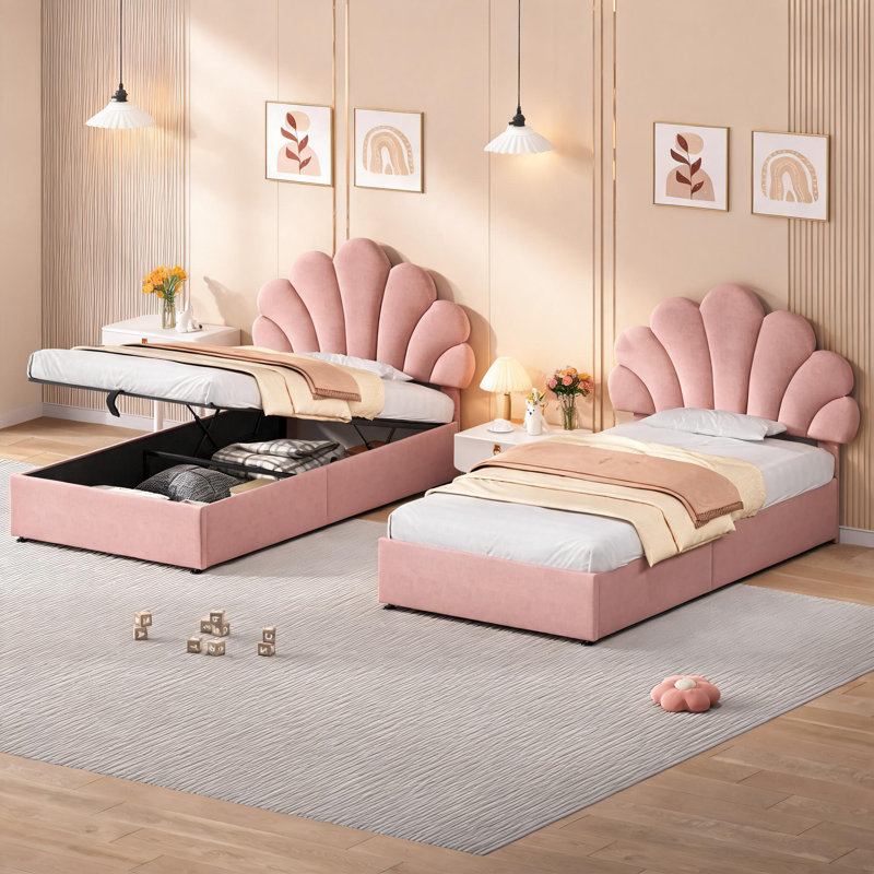 Upholstered Single (3') Velvet Ottoman Bed, PINK+VELVET