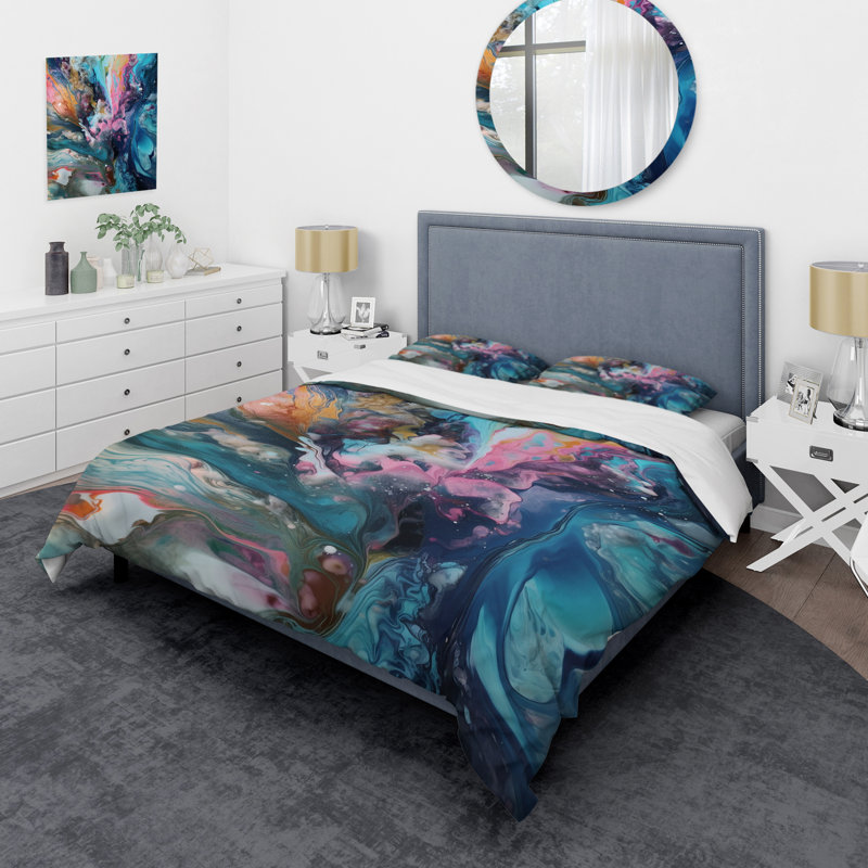 Ensemble de housse de couette Teal Pink Aqua Symphony Bedding, Housse de couette pour très grand lit et 2 très