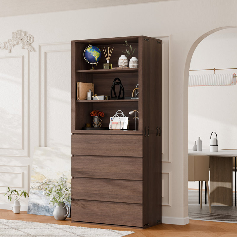 Modern Farmhouse 2-Piece Storage Cabinet Set, 71" H Wall Unit Bookcase With 4 Drawers And Open Shelves Organizer Walnut
