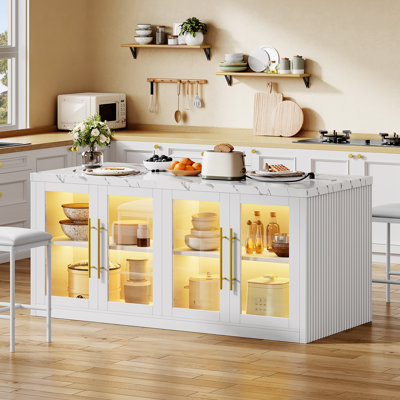 55" Kitchen Island with Storage, Rolling Kitchen Cart with Power Outlet & LED Light