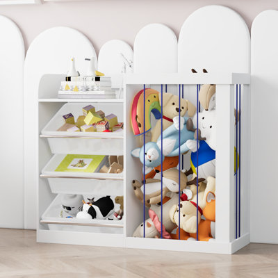 Bibliothèque pour enfants avec rangement pour jouets, rangement pour animaux en peluche, bibliothèque à 4 niveaux, 3 boîtes de rangement pour salles de jeux, chambre à coucher, blanc