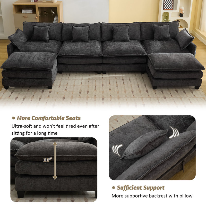 Canapé modulaire rembourré en chenille avec repose-pieds Chenille, Gris foncé, 6