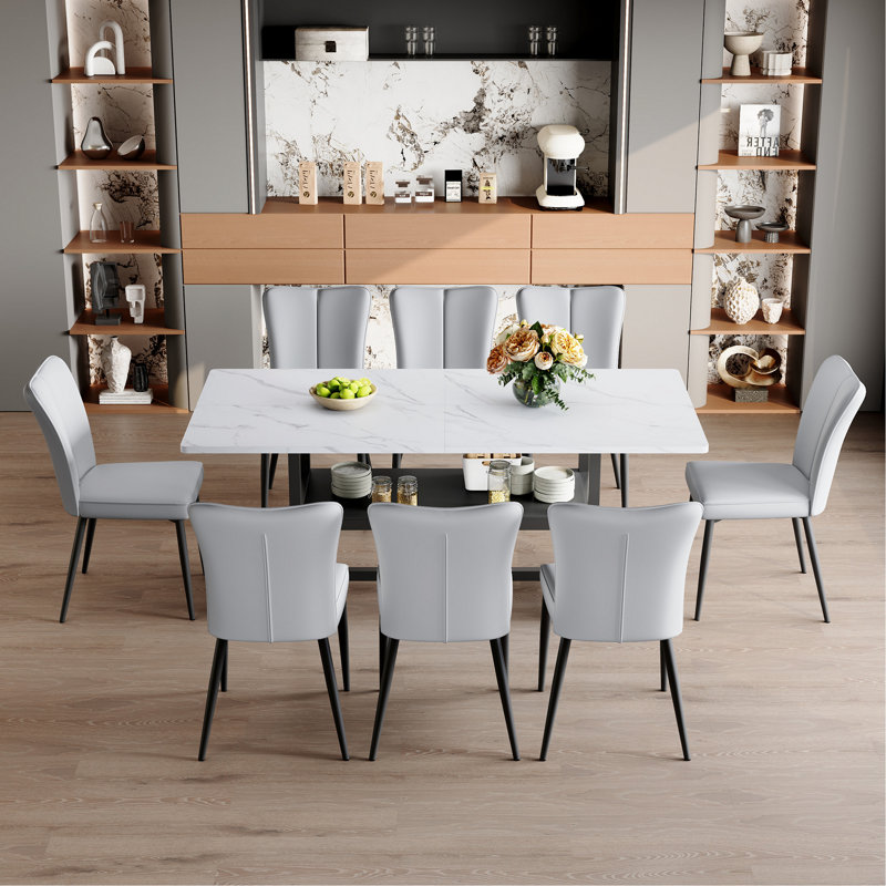 Dining Table Set, Dining Table With Storage Shelf And Armless Chairs, 9 Pieces: Table, 8 Chairs