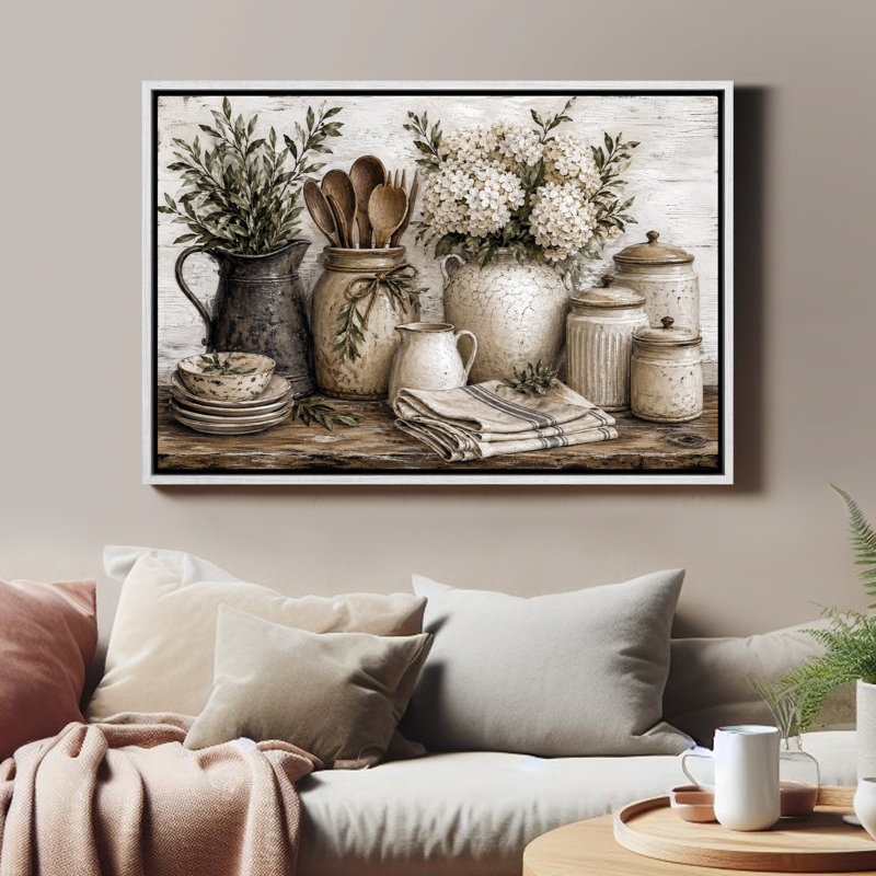 «Rustic Kitchen Still Life Floral Vase Decor», reproduction d'art encadrée, H 24 po x l 36 po, Blanc