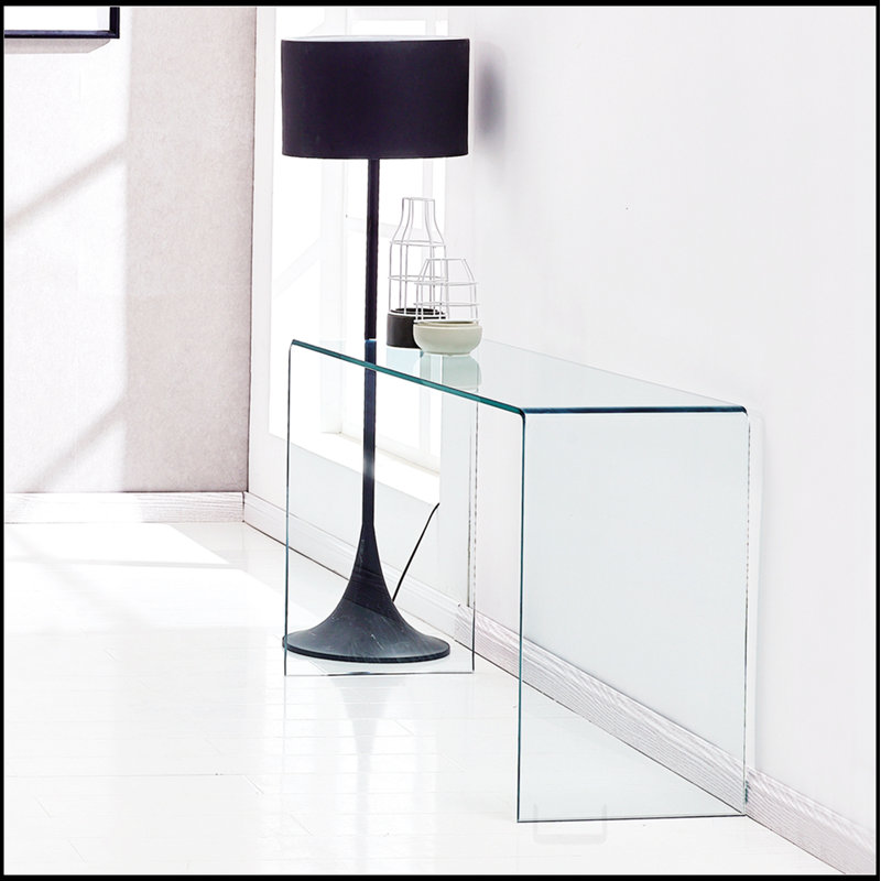 Console en verre, console en verre trempé transparent avec bureaux à bords arrondis, table de canapé