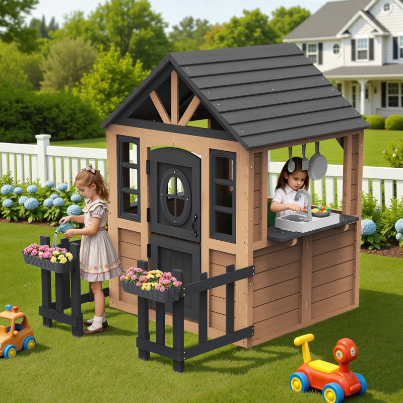  3-Door Modular Clear Playhouse with Kitchen Set – Durable Wood & Waterproof Roof, Kids Pretend Playhouse for Ages 3-8, Brown