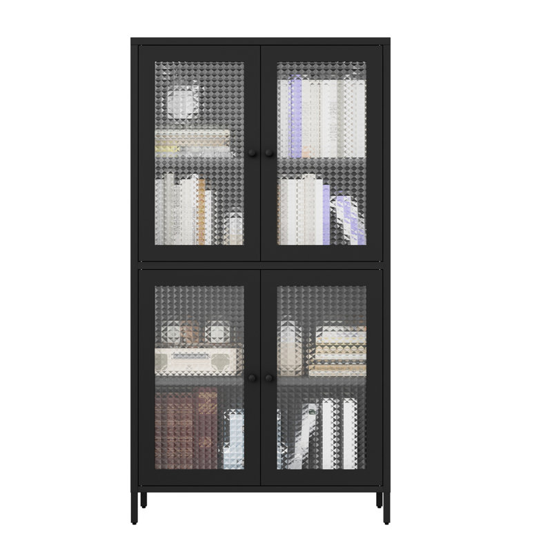 4-Shelves Metal Side Cabinet With Waffle-Grids Glass Doors For Bedroom File Office -, Dark Gray