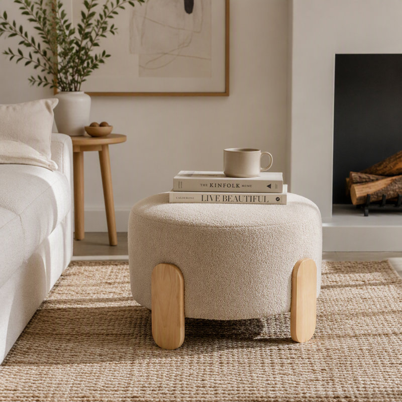 Repose-pieds rond de 24,8 pouces avec tissu en peluche doux et pieds en bois naturel, parfait pour la maison et le bureau