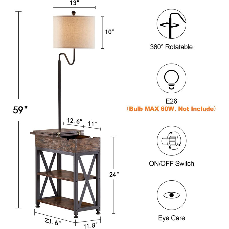 Rustic Brown Floor Lamp With Flip Top Side Table, USB Charging Ports, And 360° Rotatable Lampshade