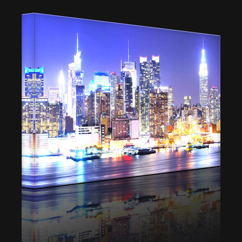 New York City, Skyline Bridge At Night by No - Wrapped Canvas Print, 40cm H x 60cm W x 4.5cm D, With lighting