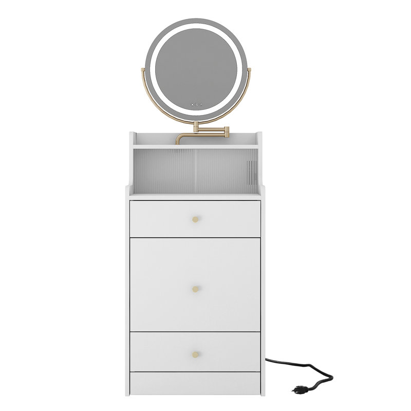 Bureau de coiffeuse 3 en 1 avec miroir lumineux - blanc, matériau, 2 tiroirs de rangement, tabouret rembourré, coiffeuse compacte pour spas médicaux et option de charge ouverte, hôtels