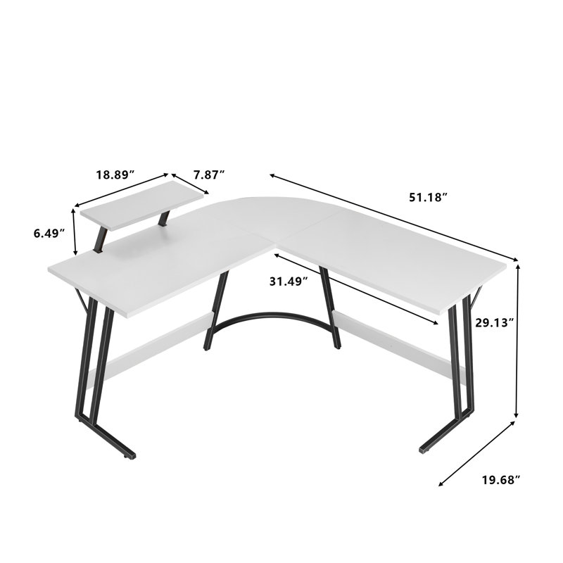 51.18'' L Shaped Home Office Computer Desk with Round Corner and Monitor Stand, White/Black