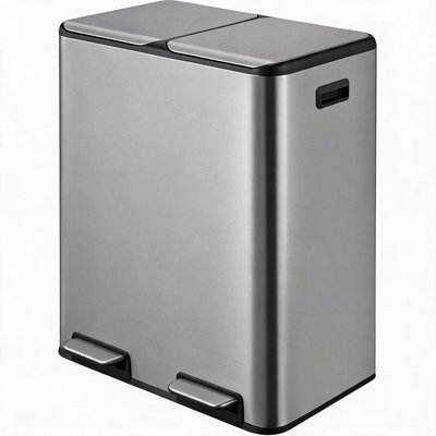 Poubelle de cuisine à double compartiment de 60 L (16 gallons) – Poubelle de recyclage à pédale en acier inoxydable avec 2 bacs intérieurs amovibles – Couvercle à fermeture en douceur – Ouverture mains libres à pédale – Idéale pour la maison, le bureau et la salle de bain
