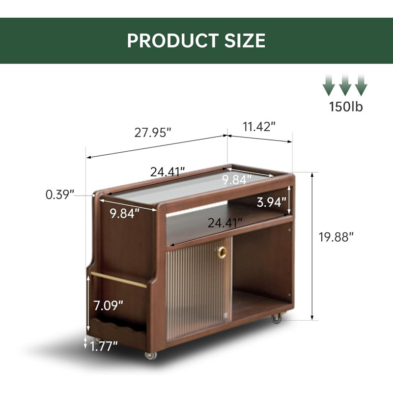 Moible Solid Walnut End Table with Fluted Glass Doors, Wheels, Walnut