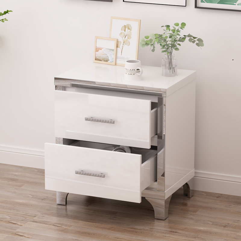Table de chevet blanche ultrabrillante pour la chambre à coucher et le salon, 2 tiroirs, table de chevet en métal avec poignée,
