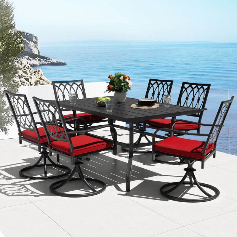 7pcs Metal Patio Dining Set With Umbrella Hole, Swivel Chairs With Cushions, 7 Pieces: Table, 6 Chairs