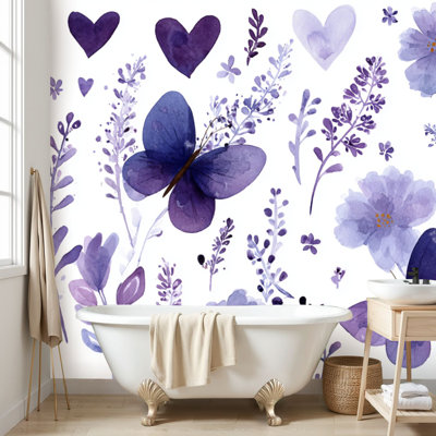 Wall Mural Peel and Stick Wallpaper Seamless Purple Butterfly Floral Romantic Elegant Violet Butterflies Lavender Flowers Botanical Leaves Heart Motifs Self-Adhesive Removable  Contact Paper Wall Decor for Living Room Bedroom 100"H x 144"W
