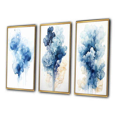 Ethereal Blue Watercolor Bliss III - Abstract Painting Art Set Of 3 Pieces