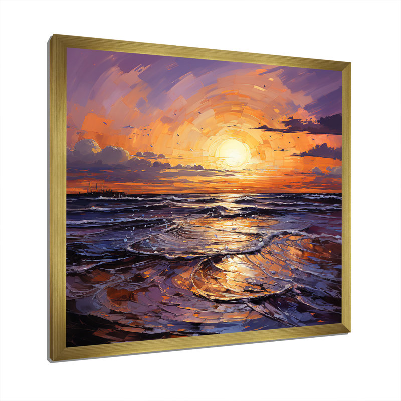Océan jaune et mauve, coucher de soleil, étreinte III, Cadre doré simple, H 30 po x l 30 po x P 1,5 po