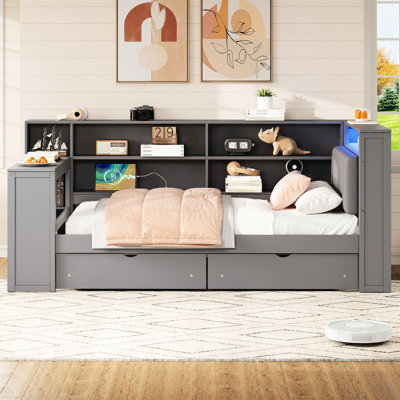 Lit plateforme simple en bois avec tête de lit tapissier, rangement, station de charge, lumières à DEL, bureau encastré, style gris avec 8 tablettes de rangement, 2 tiroirs, charge, décoration, tête de lit