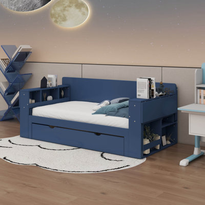 Grand lit de jour avec bureau amovible, tiroirs de rangement et table d'appoint hydraulique