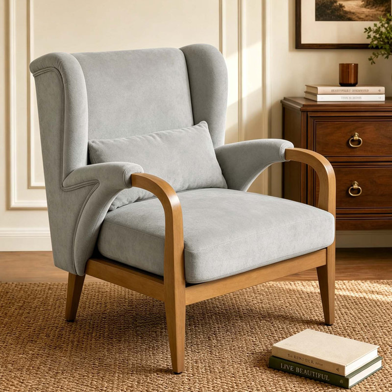 Fauteuil d'appoint à oreilles recouvert de chenille avec accoudoirs en bois courbés, Gray