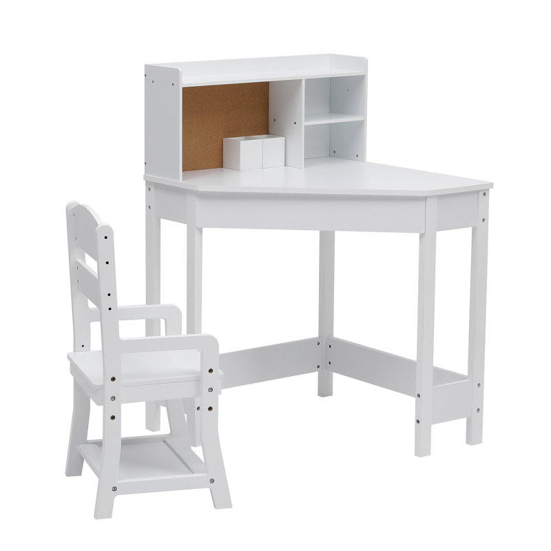 Kids Desk and Chair Set, Wooden Corner Study Table with Bookshelf, Bulletin Board, and Pen Holder, Writing Table, White