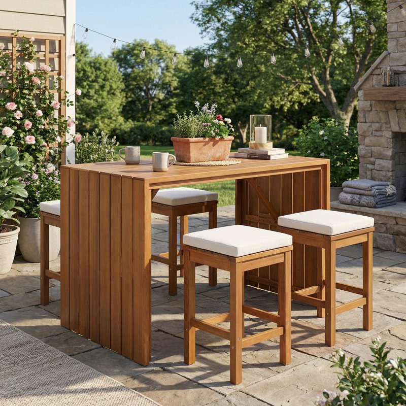 Ensemble de bar extérieur 5 pièces, table de patio en bois d'acacia et quatre tabourets avec coussins, ensemble de bar en bois pour la cour, le bord de la piscine et le balcon