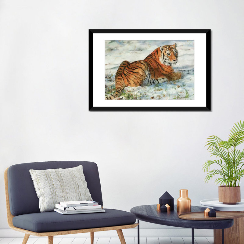 «Tiger in Snow», impression sur toile, H 16 po x l 24 po x P 1 po, Papier d'art encadré noir, Blanc