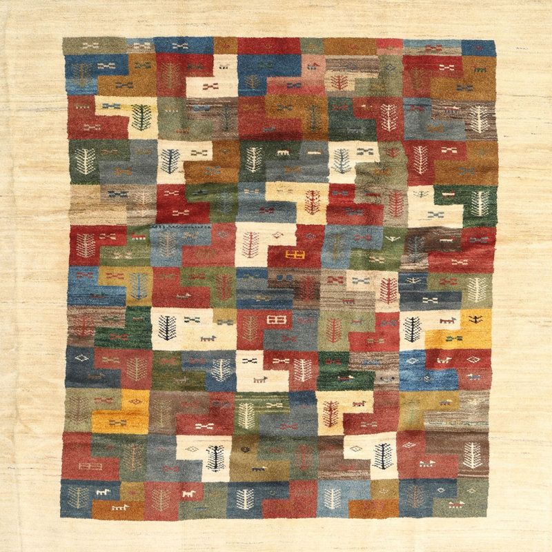 Tapis beige/rouge contemporain, Carré 7 pi