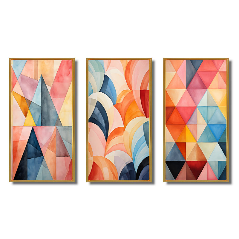 «Hardedge Pastel Symetry», 3 pièces sur toile, Encadrement doré, H 40 po x l 60 po