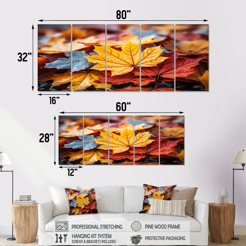Jaune et orange, feuilles d'automne I - arbre érable, art mural 5 pièces, H 28 po x l 60 po