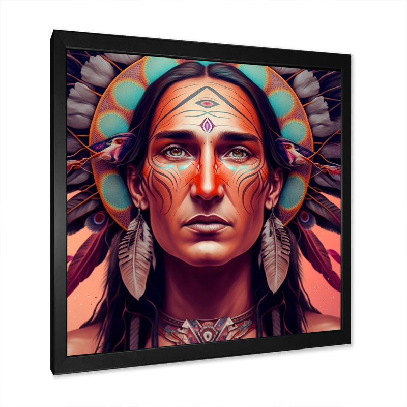 «Colorful Native American Man I - Floater Frame», impression sur toile, Impression noire sur toile encadrée